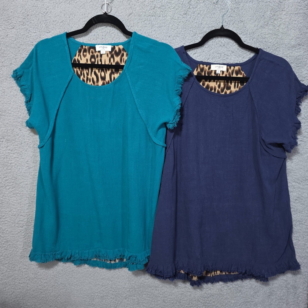 Umgee Womens Linen Short Sleeve Raw Hem Top‎ Size Small Lot of 2  Turquoise Navy
